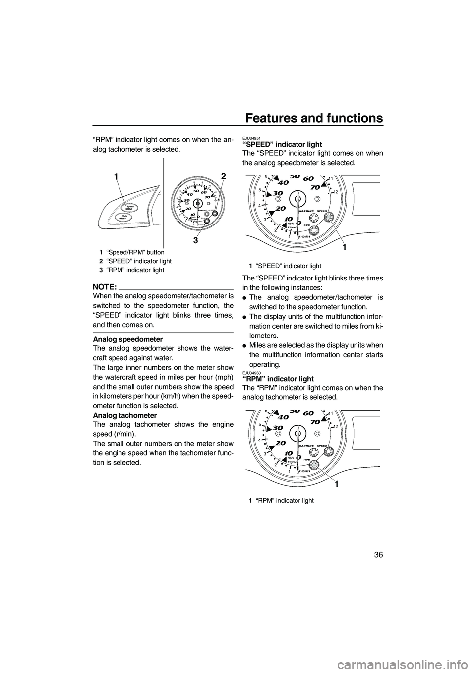 YAMAHA FX HO 2007 Service Manual Features and functions
36
“RPM” indicator light comes on when the an-
alog tachometer is selected.
NOTE:
When the analog speedometer/tachometer is
switched to the speedometer function, the
“SPEE