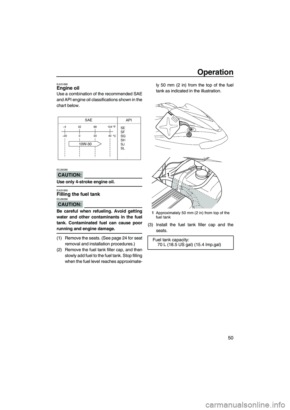 YAMAHA FX HO 2007 Workshop Manual Operation
50
EJU31890Engine oil 
Use a combination of the recommended SAE
and API engine oil classifications shown in the
chart below.
CAUTION:
ECJ00280
Use only 4-stroke engine oil.
EJU31950Filling t