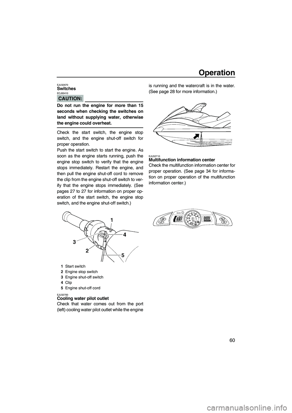 YAMAHA FX HO 2007 Repair Manual Operation
60
EJU32670Switches 
CAUTION:
ECJ00410
Do not run the engine for more than 15
seconds when checking the switches on
land without supplying water, otherwise
the engine could overheat.
Check t