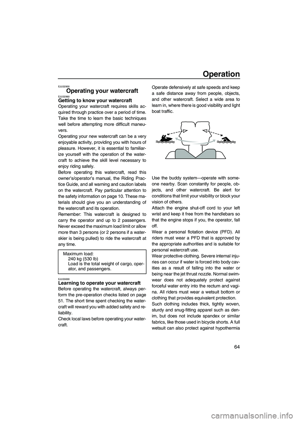 YAMAHA FX HO CRUISER 2007 Manual PDF Operation
64
EJU32900
Operating your watercraft EJU32960Getting to know your watercraft 
Operating your watercraft requires skills ac-
quired through practice over a period of time.
Take the time to l