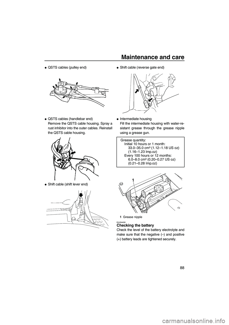 YAMAHA FX HO 2007  Owners Manual Maintenance and care
88
QSTS cables (pulley end)
QSTS cables (handlebar end)
Remove the QSTS cable housing. Spray a
rust inhibitor into the outer cables. Reinstall
the QSTS cable housing.
Shift cab