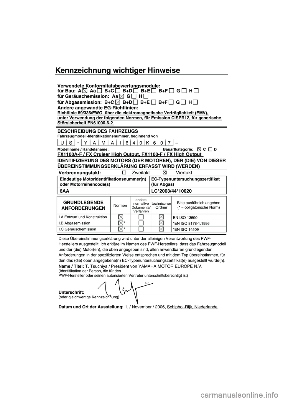 YAMAHA FX HO CRUISER 2007 Betriebsanleitungen (in German) Kennzeichnung wichtiger Hinweise
Diese Übereinstimmungserklärung wird unter der alleinigen Verantwortung des PWF-
Herstellers ausgestellt. Ich erkläre im Namen des PWF-Herstellers, dass das Fahrzeu YAMAHA FX HO CRUISER 2007 Betriebsanleitungen (in German) Kennzeichnung wichtiger Hinweise
Diese Übereinstimmungserklärung wird unter der alleinigen Verantwortung des PWF-
Herstellers ausgestellt. Ich erkläre im Namen des PWF-Herstellers, dass das Fahrzeu