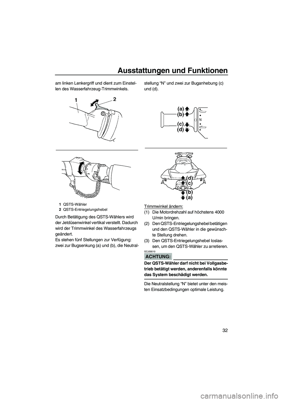 YAMAHA FX HO CRUISER 2007  Betriebsanleitungen (in German) Ausstattungen und Funktionen
32
am linken Lenkergriff und dient zum Einstel-
len des Wasserfahrzeug-Trimmwinkels.
Durch Betätigung des QSTS-Wählers wird 
der Jetdüsenwinkel vertikal verstellt. Dadu