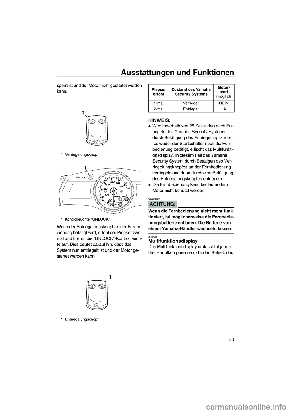 YAMAHA FX HO CRUISER 2007 Betriebsanleitungen (in German) Ausstattungen und Funktionen
36
sperrt ist und der Motor nicht gestartet werden
kann.
Wenn der Entriegelungsknopf an der Fernbe-
dienung betätigt wird, ertönt der Piepser zwei-
mal und brennt die YAMAHA FX HO CRUISER 2007 Betriebsanleitungen (in German) Ausstattungen und Funktionen
36
sperrt ist und der Motor nicht gestartet werden
kann.
Wenn der Entriegelungsknopf an der Fernbe-
dienung betätigt wird, ertönt der Piepser zwei-
mal und brennt die