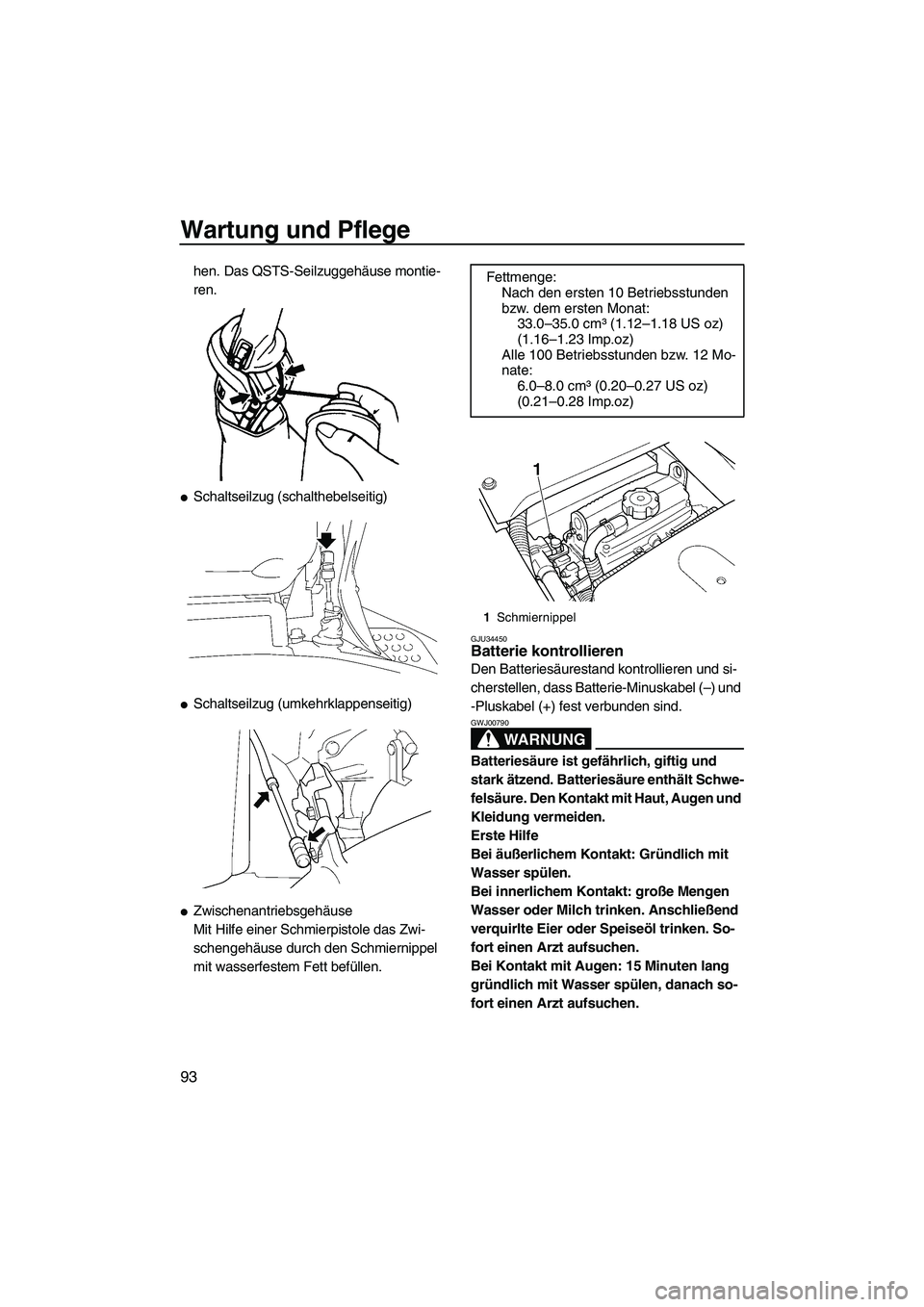 YAMAHA FX HO CRUISER 2007  Betriebsanleitungen (in German) Wartung und Pflege
93
hen. Das QSTS-Seilzuggehäuse montie-
ren.
Schaltseilzug (schalthebelseitig)
Schaltseilzug (umkehrklappenseitig)
Zwischenantriebsgehäuse
Mit Hilfe einer Schmierpistole das Zw