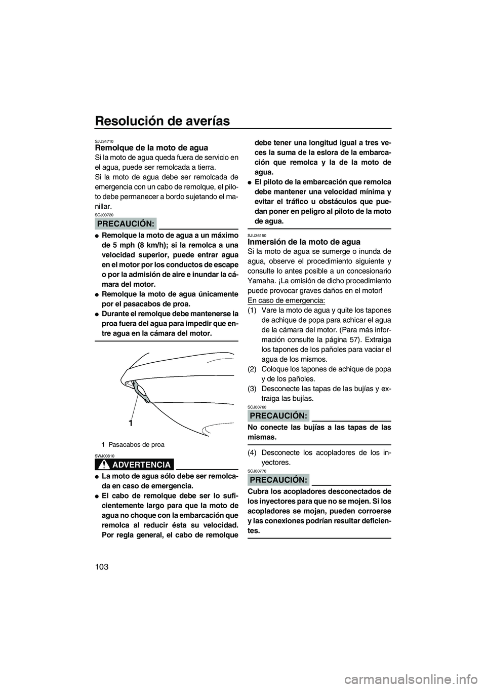 YAMAHA FX HO CRUISER 2007  Manuale de Empleo (in Spanish) Resolución de averías
103
SJU34710Remolque de la moto de agua 
Si la moto de agua queda fuera de servicio en
el agua, puede ser remolcada a tierra.
Si la moto de agua debe ser remolcada de
emergenci