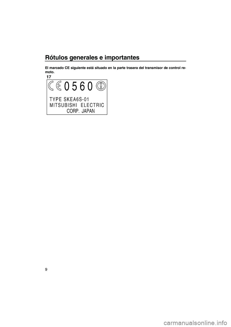 YAMAHA FX HO CRUISER 2007  Manuale de Empleo (in Spanish) Rótulos generales e importantes
9
El marcado CE siguiente está situado en la parte trasera del transmisor de control re-
moto.
UF1X71S0.book  Page 9  Wednesday, September 27, 2006  1:14 PM 