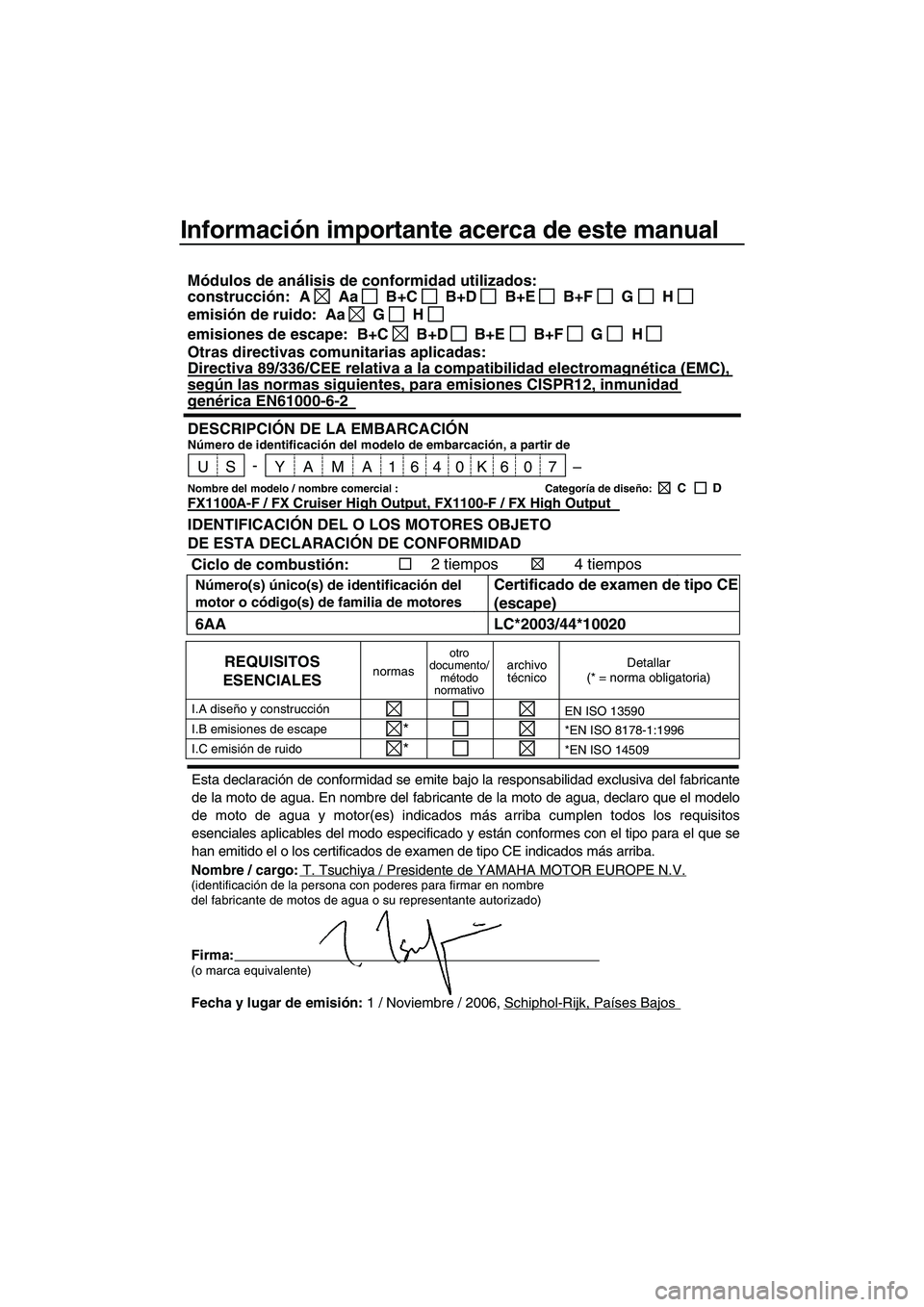 YAMAHA FX HO 2007 Manuale de Empleo (in Spanish) Información importante acerca de este manual
Nombre / cargo:T. Tsuchiya / Presidente de YAMAHA MOTOR EUROPE N.V.(identificación de la persona con poderes para firmar en nombre
del fabricante de moto YAMAHA FX HO 2007 Manuale de Empleo (in Spanish) Información importante acerca de este manual
Nombre / cargo:T. Tsuchiya / Presidente de YAMAHA MOTOR EUROPE N.V.(identificación de la persona con poderes para firmar en nombre
del fabricante de moto