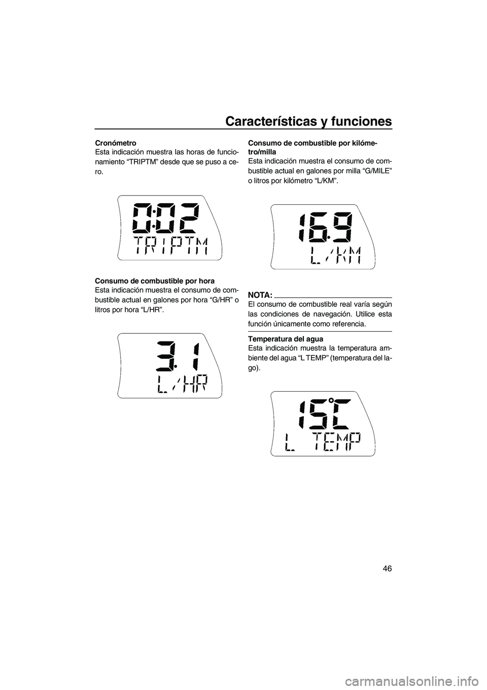 YAMAHA FX HO 2007  Manuale de Empleo (in Spanish) Características y funciones
46
Cronómetro
Esta indicación muestra las horas de funcio-
namiento “TRIPTM” desde que se puso a ce-
ro.
Consumo de combustible por hora
Esta indicación muestra el 