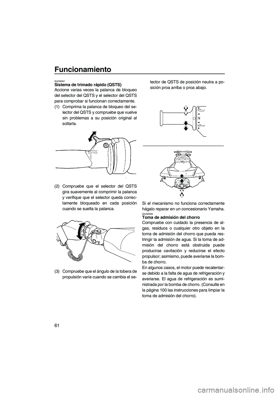 YAMAHA FX HO CRUISER 2007  Manuale de Empleo (in Spanish) Funcionamiento
61
SJU32641Sistema de trimado rápido (QSTS) 
Accione varias veces la palanca de bloqueo
del selector del QSTS y el selector del QSTS
para comprobar si funcionan correctamente.
(1) Comp