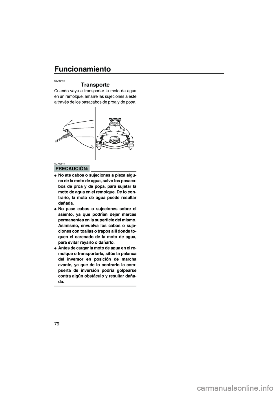 YAMAHA FX HO 2007  Manuale de Empleo (in Spanish) Funcionamiento
79
SJU33461
Transporte 
Cuando vaya a transportar la moto de agua
en un remolque, amarre las sujeciones a este
a través de los pasacabos de proa y de popa.
PRECAUCIÓN:
SCJ00641
No at