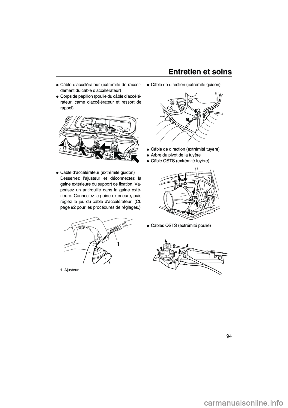 YAMAHA FX HO 2007  Notices Demploi (in French) Entretien et soins
94
Câble d’accélérateur (extrémité de raccor-
dement du câble d’accélérateur)
Corps de papillon (poulie du câble d’accélé-
rateur, came d’accélérateur et ress