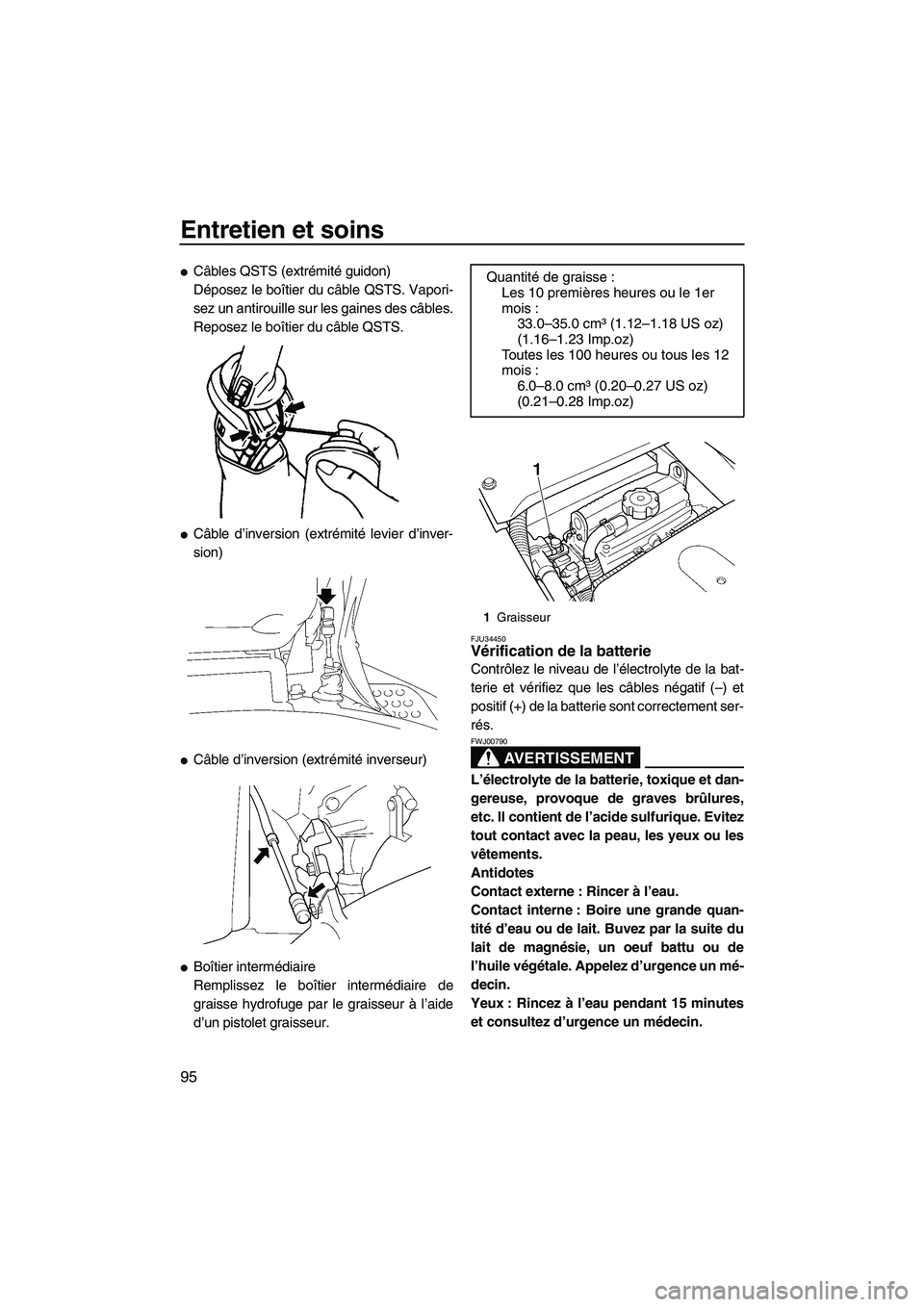 YAMAHA FX HO 2007  Notices Demploi (in French) Entretien et soins
95
Câbles QSTS (extrémité guidon)
Déposez le boîtier du câble QSTS. Vapori-
sez un antirouille sur les gaines des câbles.
Reposez le boîtier du câble QSTS.
Câble d’inv