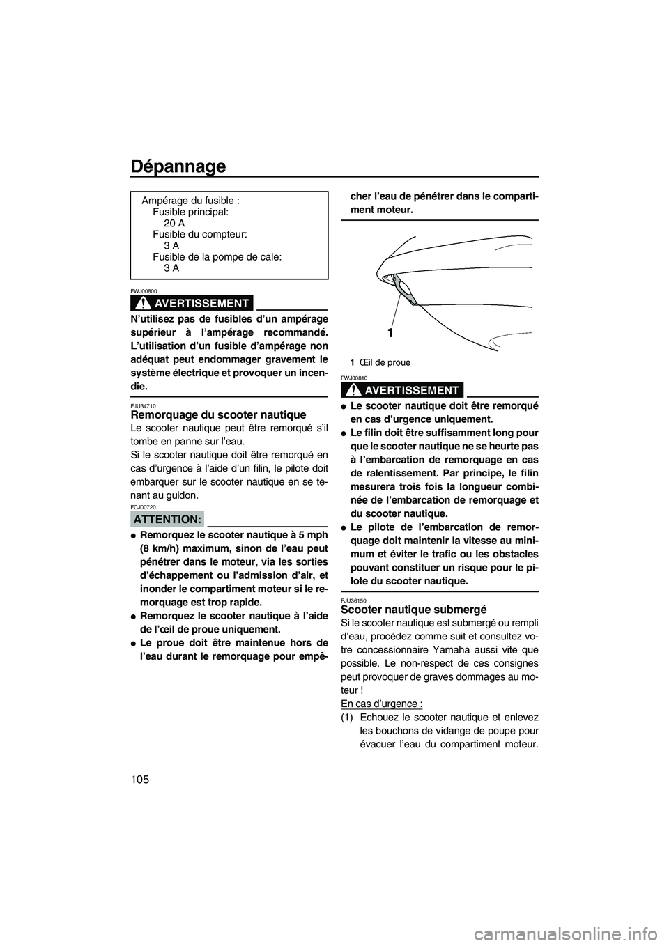 YAMAHA FX HO CRUISER 2007  Notices Demploi (in French) Dépannage
105
AVERTISSEMENT
FWJ00800
N’utilisez pas de fusibles d’un ampérage
supérieur à l’ampérage recommandé.
L’utilisation d’un fusible d’ampérage non
adéquat peut endommager g