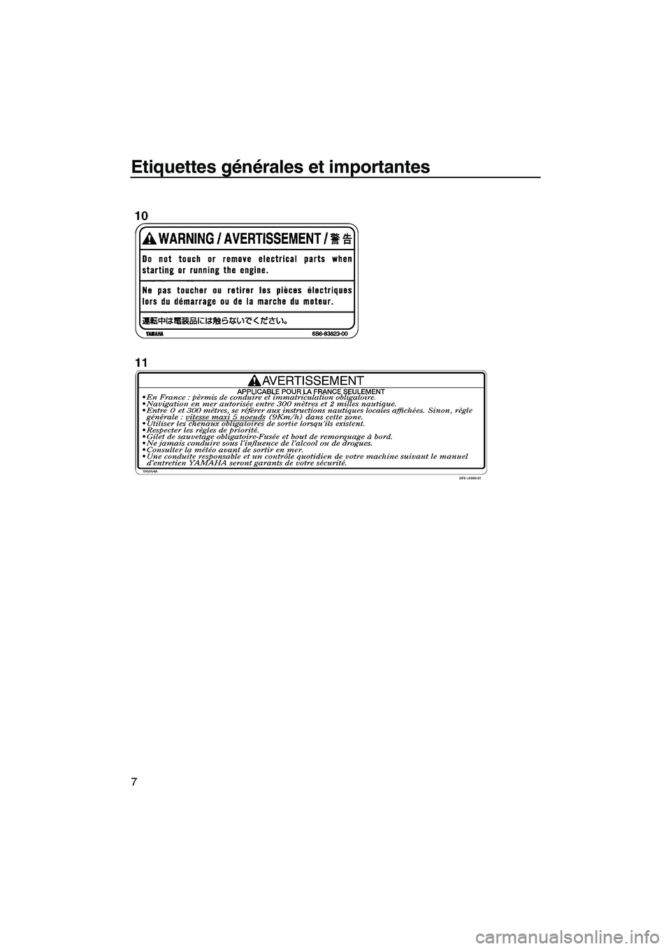 YAMAHA FX HO CRUISER 2007  Notices Demploi (in French) Etiquettes générales et importantes
7
UF1X71F0.book  Page 7  Wednesday, September 27, 2006  1:04 PM 
