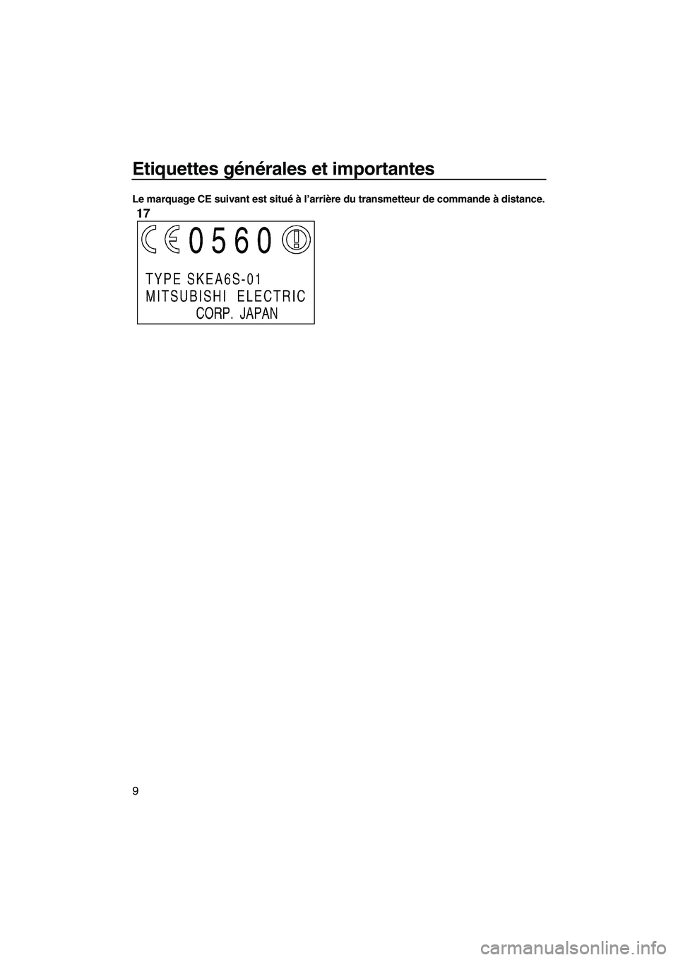 YAMAHA FX HO CRUISER 2007  Notices Demploi (in French) Etiquettes générales et importantes
9
Le marquage CE suivant est situé à l’arrière du transmetteur de commande à distance.
UF1X71F0.book  Page 9  Wednesday, September 27, 2006  1:04 PM 