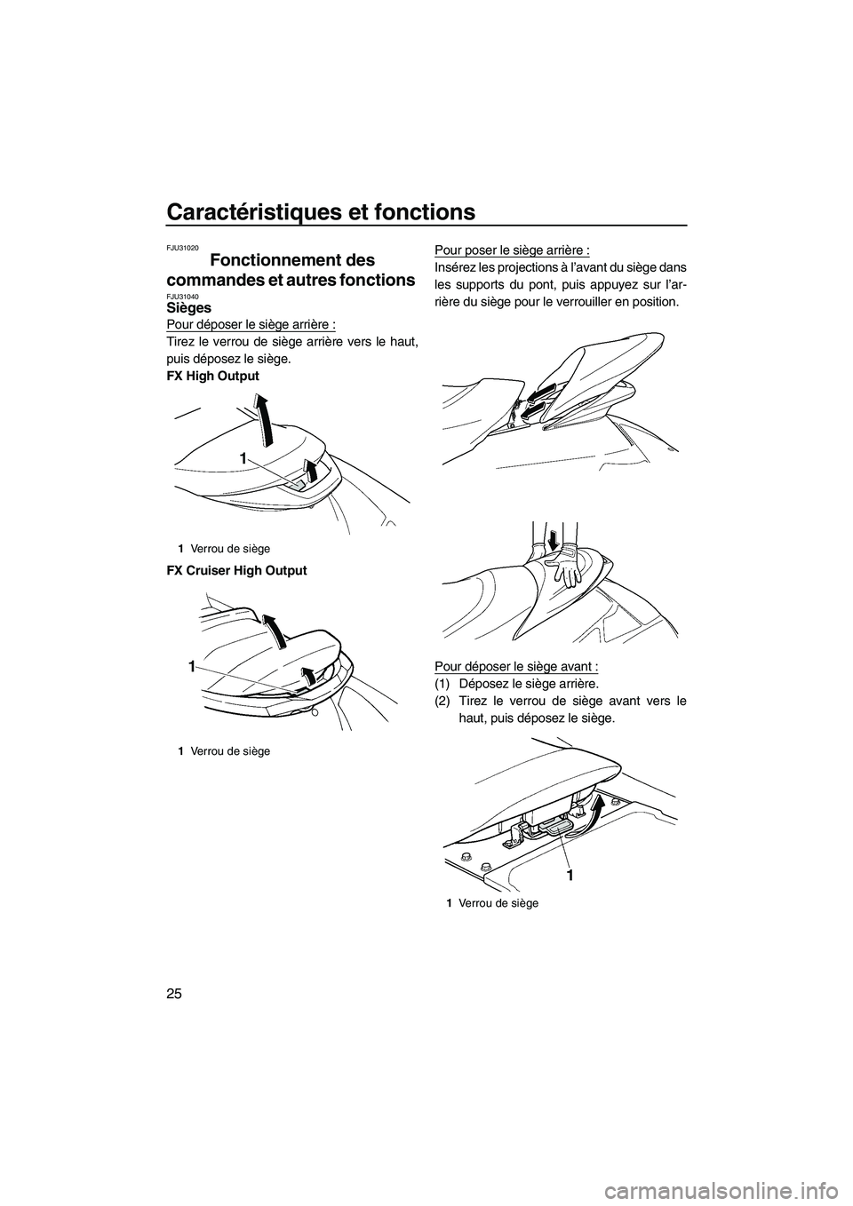 YAMAHA FX HO CRUISER 2007  Notices Demploi (in French) Caractéristiques et fonctions
25
FJU31020
Fonctionnement des 
commandes et autres fonctions 
FJU31040Sièges 
Pour déposer le siège arrière :
Tirez le verrou de siège arrière vers le haut,
puis 