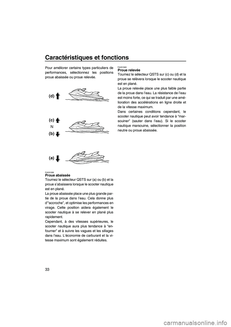 YAMAHA FX HO CRUISER 2007  Notices Demploi (in French) Caractéristiques et fonctions
33
Pour améliorer certains types particuliers de
performances, sélectionnez les positions
proue abaissée ou proue relevée.
FJU31330Proue abaissée 
Tournez le sélec