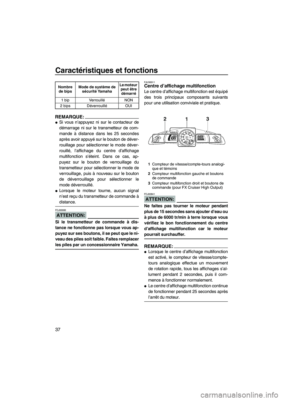 YAMAHA FX HO 2007  Notices Demploi (in French) Caractéristiques et fonctions
37
REMARQUE:
Si vous n’appuyez ni sur le contacteur de
démarrage ni sur le transmetteur de com-
mande à distance dans les 25 secondes
après avoir appuyé sur le bo