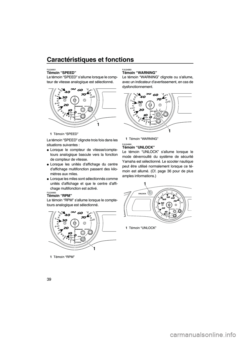 YAMAHA FX HO CRUISER 2007  Notices Demploi (in French) Caractéristiques et fonctions
39
FJU34951Témoin “SPEED” 
Le témoin “SPEED” s’allume lorsque le comp-
teur de vitesse analogique est sélectionné.
Le témoin “SPEED” clignote trois fo