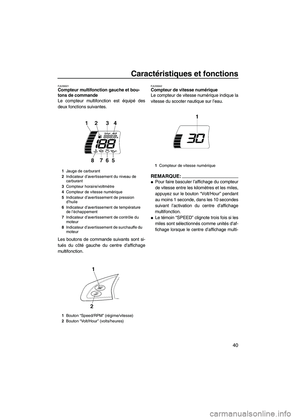 YAMAHA FX HO CRUISER 2007  Notices Demploi (in French) Caractéristiques et fonctions
40
FJU35021Compteur multifonction gauche et bou-
tons de commande 
Le compteur multifonction est équipé des
deux fonctions suivantes.
Les boutons de commande suivants 