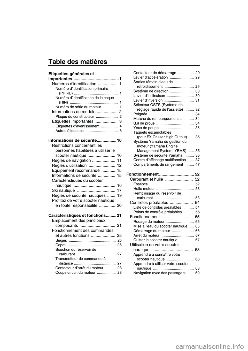 YAMAHA FX HO CRUISER 2007  Notices Demploi (in French) Table des matières
Etiquettes générales et 
importantes ........................................ 1
Numéros d’identification .................  1
Numéro d’identification primaire 
(PRI-ID) ...
