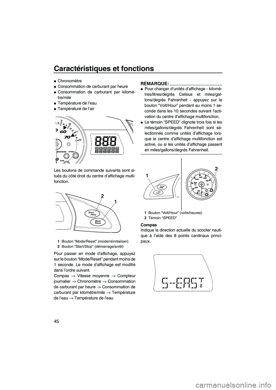 YAMAHA FX HO 2007  Notices Demploi (in French) Caractéristiques et fonctions
45
Chronomètre
Consommation de carburant par heure
Consommation de carburant par kilomè-
tre/mile
Température de l’eau
Température de l’air
Les boutons de c