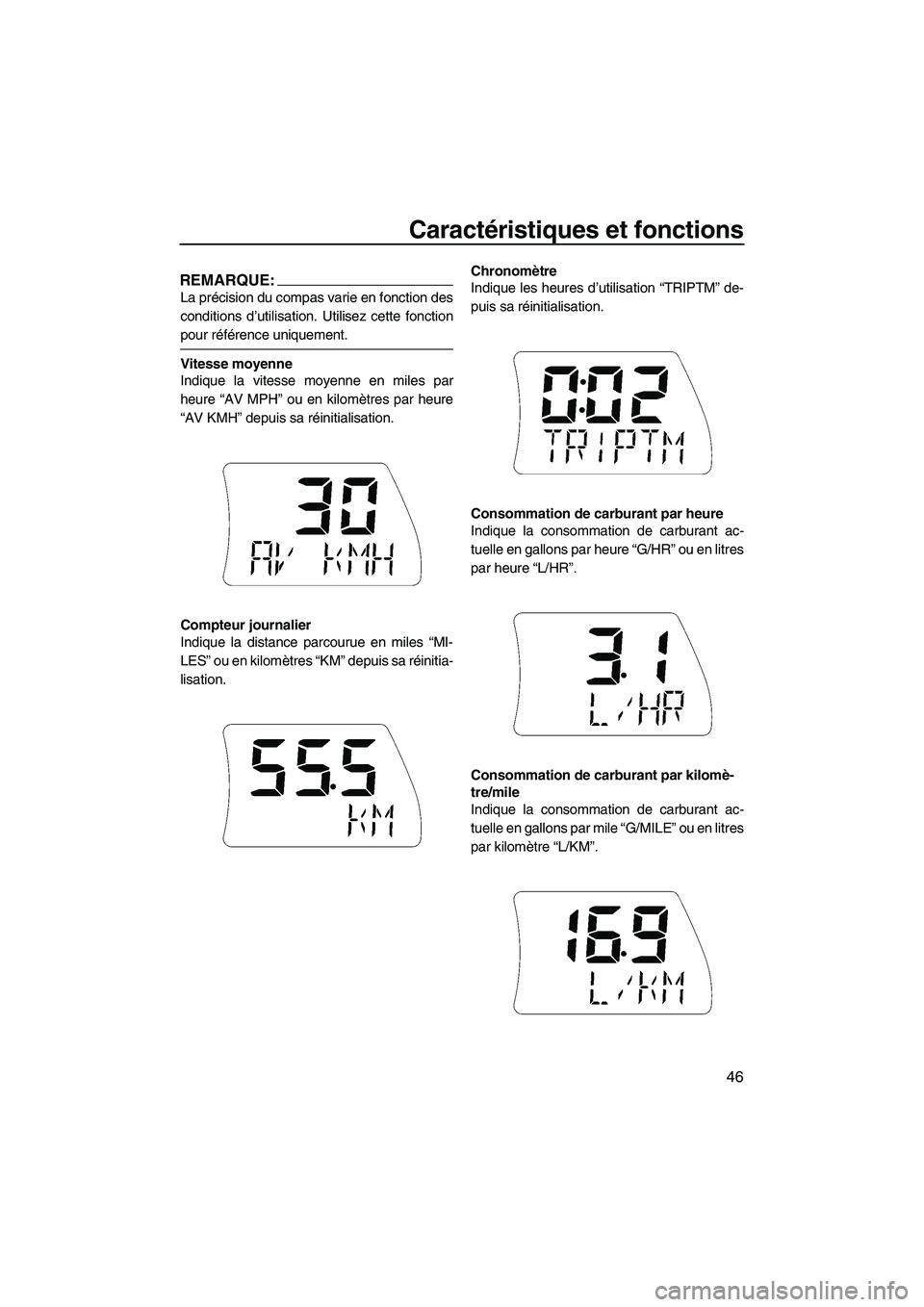 YAMAHA FX HO 2007  Notices Demploi (in French) Caractéristiques et fonctions
46
REMARQUE:
La précision du compas varie en fonction des
conditions d’utilisation. Utilisez cette fonction
pour référence uniquement.
Vitesse moyenne
Indique la vi
