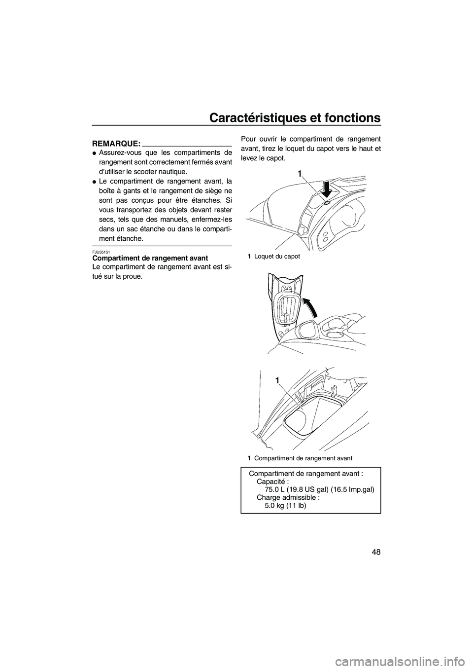 YAMAHA FX HO 2007  Notices Demploi (in French) Caractéristiques et fonctions
48
REMARQUE:
Assurez-vous que les compartiments de
rangement sont correctement fermés avant
d’utiliser le scooter nautique.
Le compartiment de rangement avant, la
b