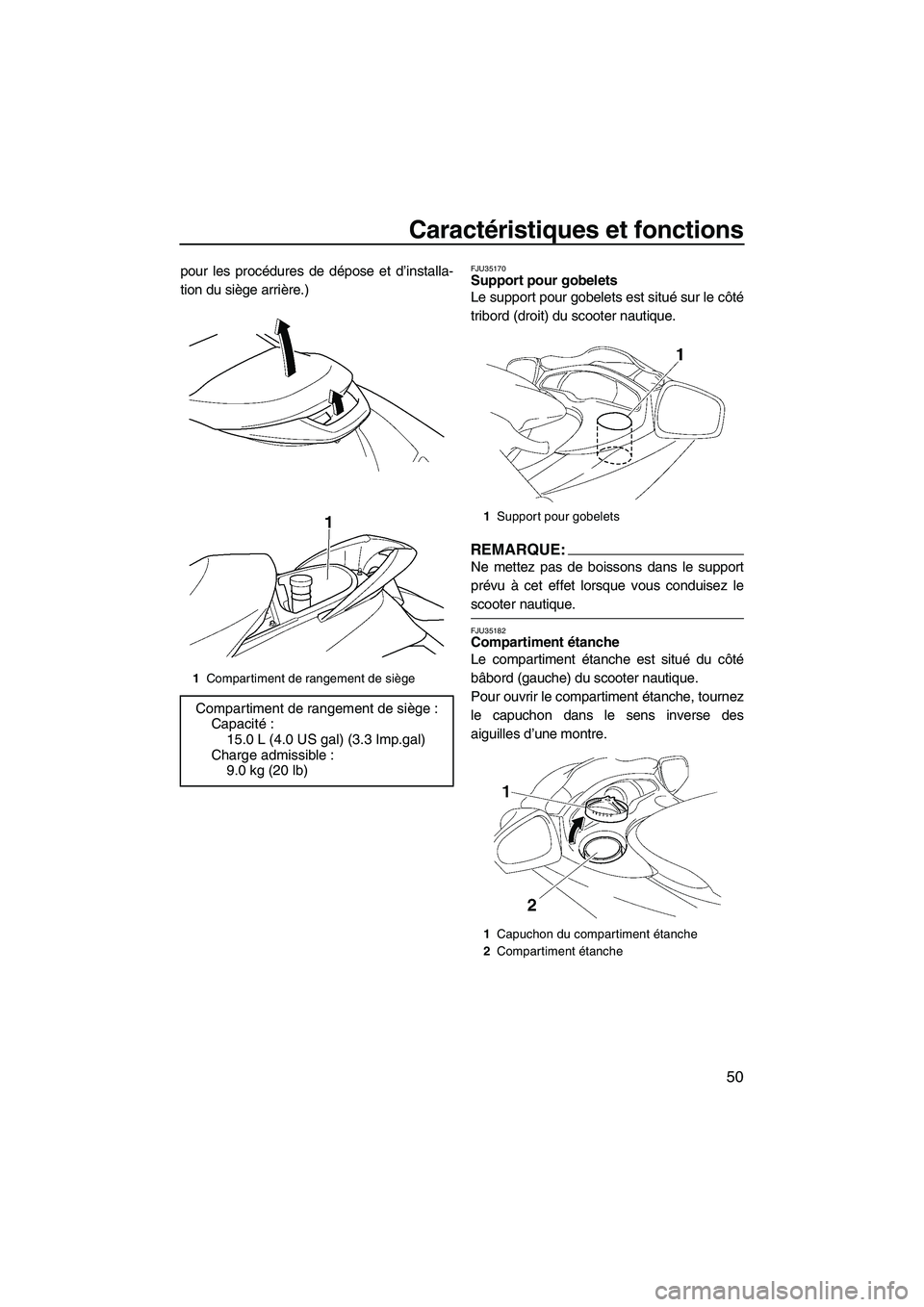 YAMAHA FX HO 2007  Notices Demploi (in French) Caractéristiques et fonctions
50
pour les procédures de dépose et d’installa-
tion du siège arrière.)FJU35170Support pour gobelets 
Le support pour gobelets est situé sur le côté
tribord (dr