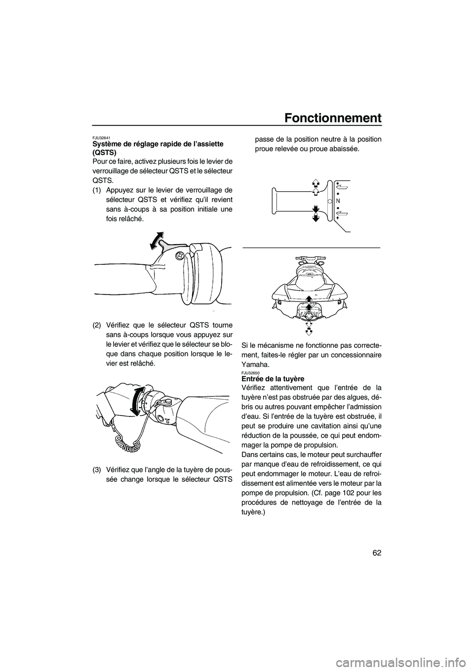 YAMAHA FX HO 2007  Notices Demploi (in French) Fonctionnement
62
FJU32641Système de réglage rapide de l’assiette 
(QSTS) 
Pour ce faire, activez plusieurs fois le levier de
verrouillage de sélecteur QSTS et le sélecteur
QSTS.
(1) Appuyez sur