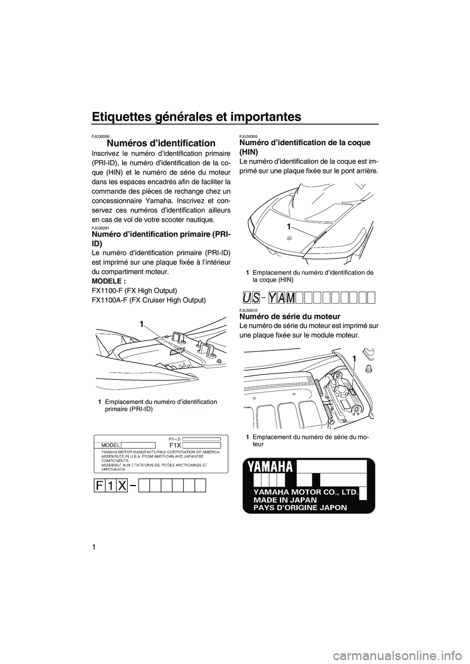 YAMAHA FX HO CRUISER 2007 Notices Demploi (in French) Etiquettes générales et importantes
1
FJU30260
Numéros d’identification
Inscrivez le numéro d’identification primaire
(PRI-ID), le numéro d’identification de la co-
que (HIN) et le numéro YAMAHA FX HO CRUISER 2007 Notices Demploi (in French) Etiquettes générales et importantes
1
FJU30260
Numéros d’identification
Inscrivez le numéro d’identification primaire
(PRI-ID), le numéro d’identification de la co-
que (HIN) et le numéro