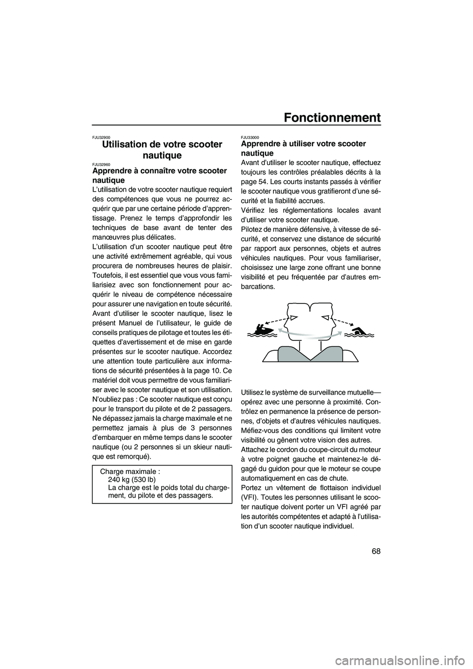 YAMAHA FX HO 2007 Notices Demploi (in French) Fonctionnement
68
FJU32900
Utilisation de votre scooter
nautique
FJU32960Apprendre à connaître votre scooter
nautique
L’utilisation de votre scooter nautique requiert
des compétences que vous YAMAHA FX HO 2007 Notices Demploi (in French) Fonctionnement
68
FJU32900
Utilisation de votre scooter
nautique
FJU32960Apprendre à connaître votre scooter
nautique
L’utilisation de votre scooter nautique requiert
des compétences que vous
