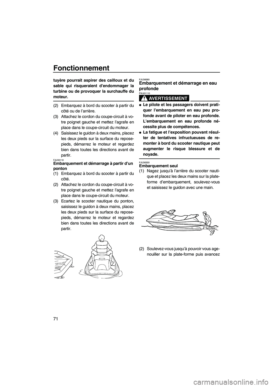 YAMAHA FX HO 2007 Notices Demploi (in French) Fonctionnement
71
tuyère pourrait aspirer des cailloux et du
sable qui risqueraient d’endommager la
turbine ou de provoquer la surchauffe du
moteur.
(2) Embarquez à bord du scooter à partir du
cà YAMAHA FX HO 2007 Notices Demploi (in French) Fonctionnement
71
tuyère pourrait aspirer des cailloux et du
sable qui risqueraient d’endommager la
turbine ou de provoquer la surchauffe du
moteur.
(2) Embarquez à bord du scooter à partir du
cÃ