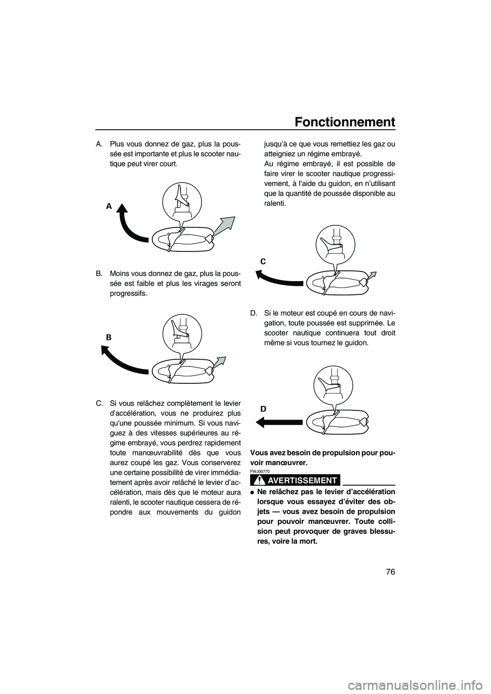 YAMAHA FX HO 2007  Notices Demploi (in French) Fonctionnement
76
A. Plus vous donnez de gaz, plus la pous-
sée est importante et plus le scooter nau-
tique peut virer court.
B. Moins vous donnez de gaz, plus la pous-
sée est faible et plus les v