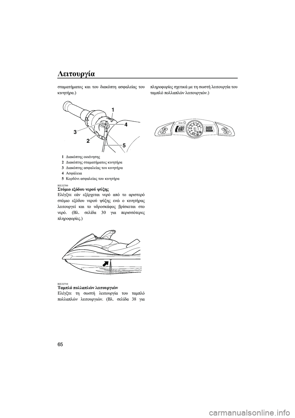YAMAHA FX HO CRUISER 2007  ΟΔΗΓΌΣ ΧΡΉΣΗΣ (in Greek) Λειτουργία
65
σταµατήµατος και του διακόπτη ασφαλείας του
κινητήρα.)
RJU32700Στόµιο εξόδου νερού ψύξης 
Ελέγξτε ε
