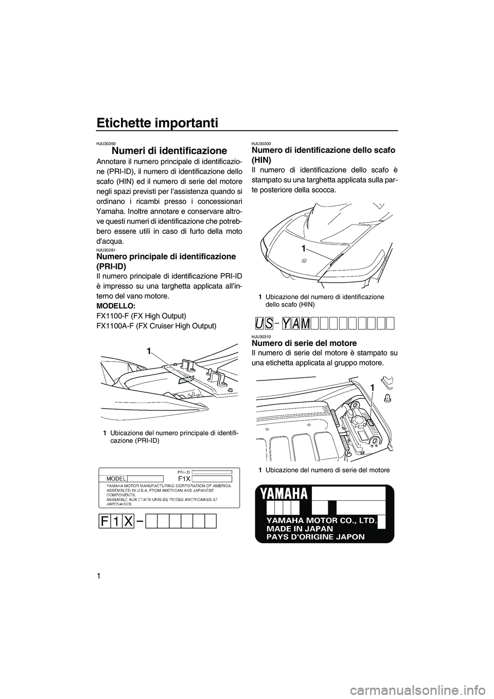 YAMAHA FX HO 2007 Manuale duso (in Italian) Etichette importanti
1
HJU30260
Numeri di identificazione
Annotare il numero principale di identificazio-
ne (PRI-ID), il numero di identificazione dello
scafo (HIN) ed il numero di serie del motore
YAMAHA FX HO 2007 Manuale duso (in Italian) Etichette importanti
1
HJU30260
Numeri di identificazione
Annotare il numero principale di identificazio-
ne (PRI-ID), il numero di identificazione dello
scafo (HIN) ed il numero di serie del motore