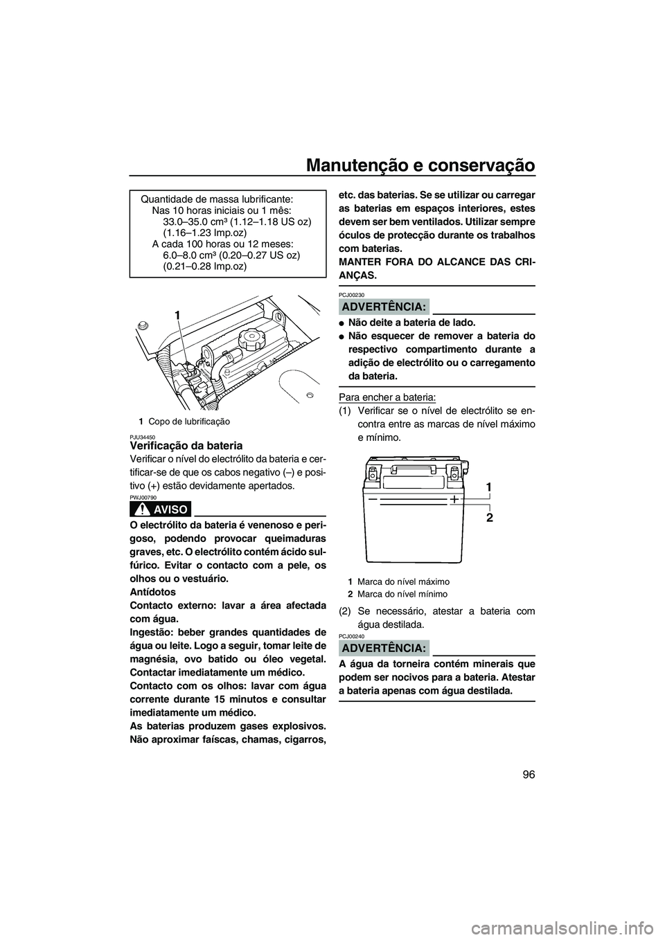 YAMAHA FX HO CRUISER 2007  Manual de utilização (in Portuguese) Manutenção e conservação
96
PJU34450Verificação da bateria 
Verificar o nível do electrólito da bateria e cer-
tificar-se de que os cabos negativo (–) e posi-
tivo (+) estão devidamente ape