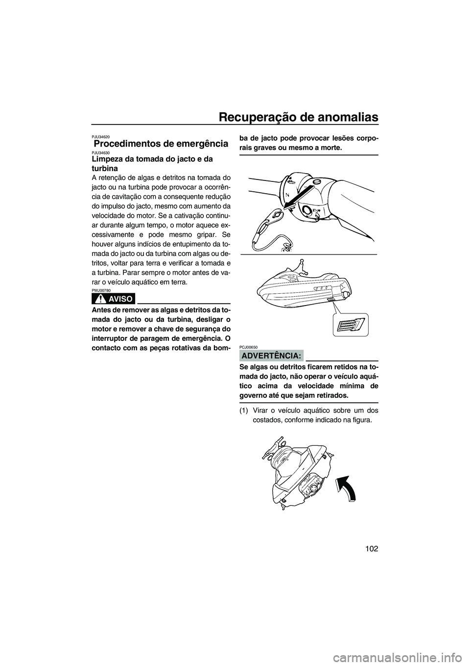 YAMAHA FX HO CRUISER 2007  Manual de utilização (in Portuguese) Recuperação de anomalias
102
PJU34620
Procedimentos de emergência PJU34630Limpeza da tomada do jacto e da 
turbina 
A retenção de algas e detritos na tomada do
jacto ou na turbina pode provocar a