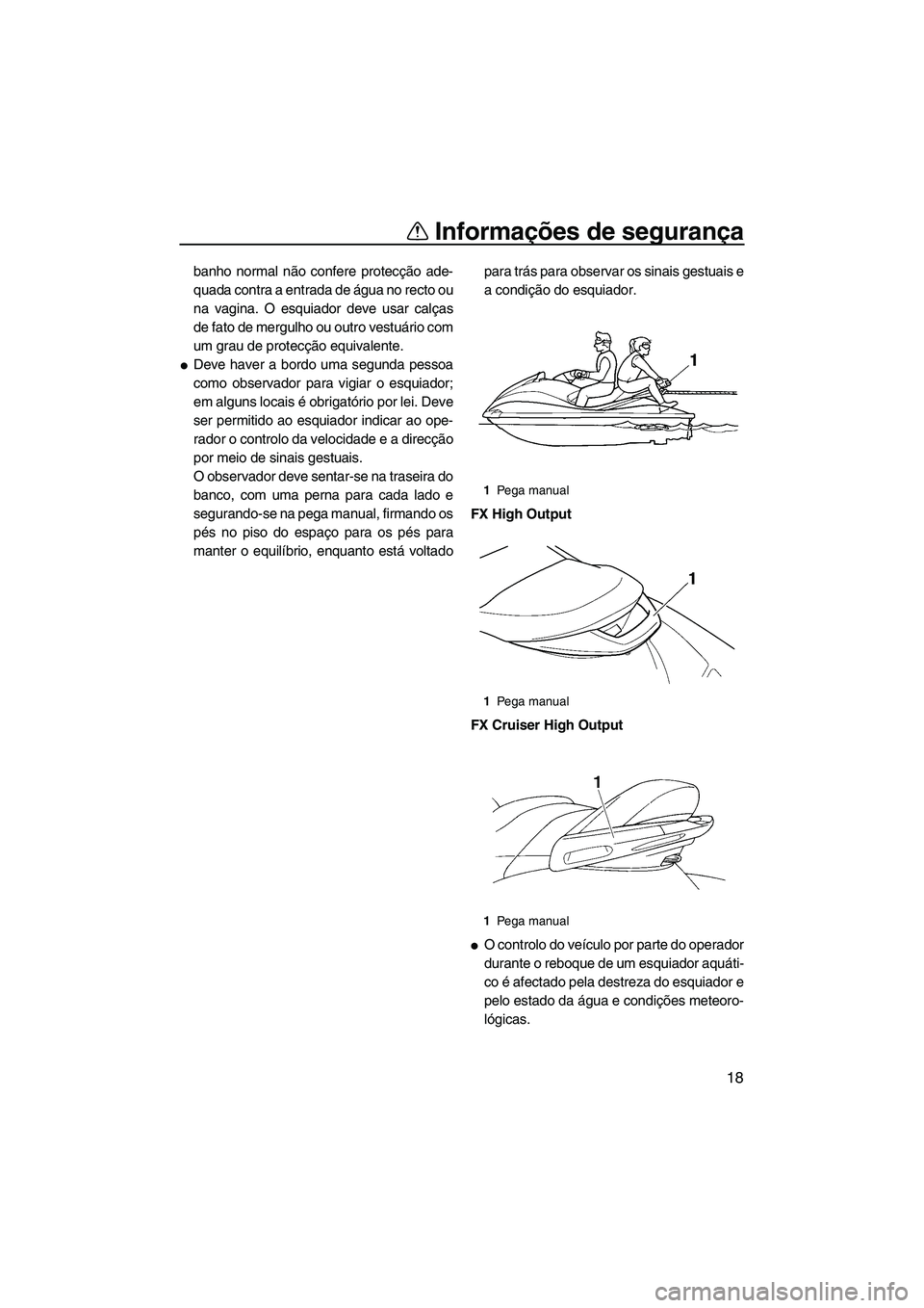 YAMAHA FX HO 2007  Manual de utilização (in Portuguese) Informações de segurança
18
banho normal não confere protecção ade-
quada contra a entrada de água no recto ou
na vagina. O esquiador deve usar calças
de fato de mergulho ou outro vestuário c