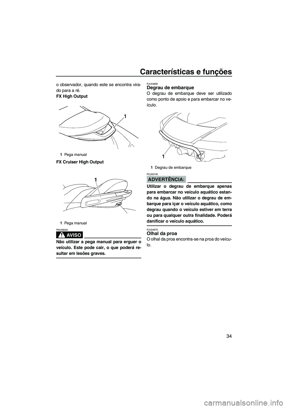 YAMAHA FX HO 2007  Manual de utilização (in Portuguese) Características e funções
34
o observador, quando este se encontra vira-
do para a ré.
FX High Output
FX Cruiser High Output
AV I S O
PWJ00020
Não utilizar a pega manual para erguer o
veículo. E