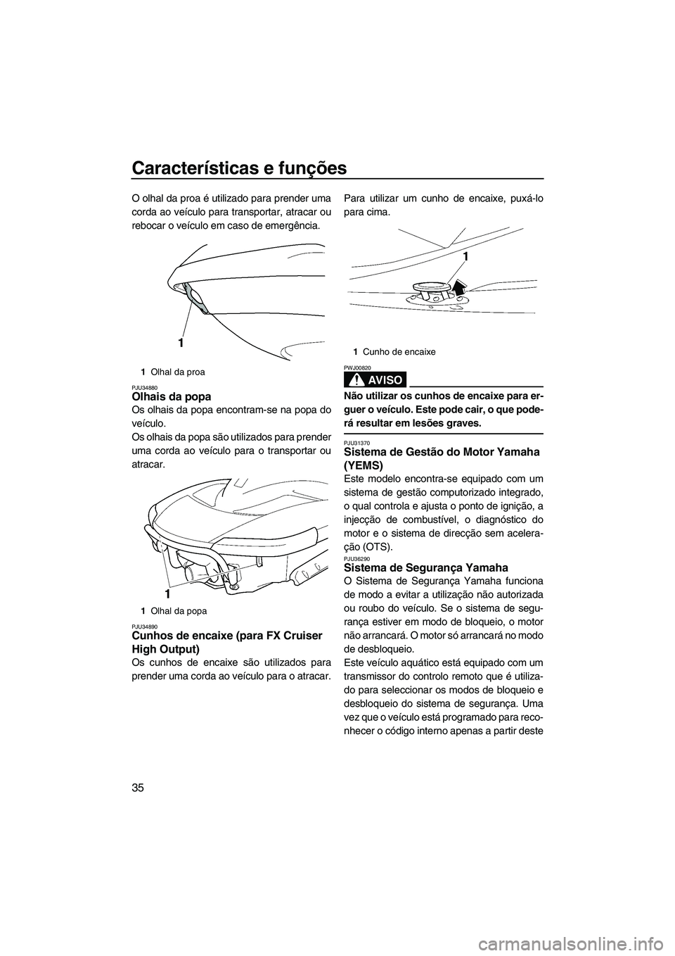 YAMAHA FX HO 2007  Manual de utilização (in Portuguese) Características e funções
35
O olhal da proa é utilizado para prender uma
corda ao veículo para transportar, atracar ou
rebocar o veículo em caso de emergência.
PJU34880Olhais da popa 
Os olhai