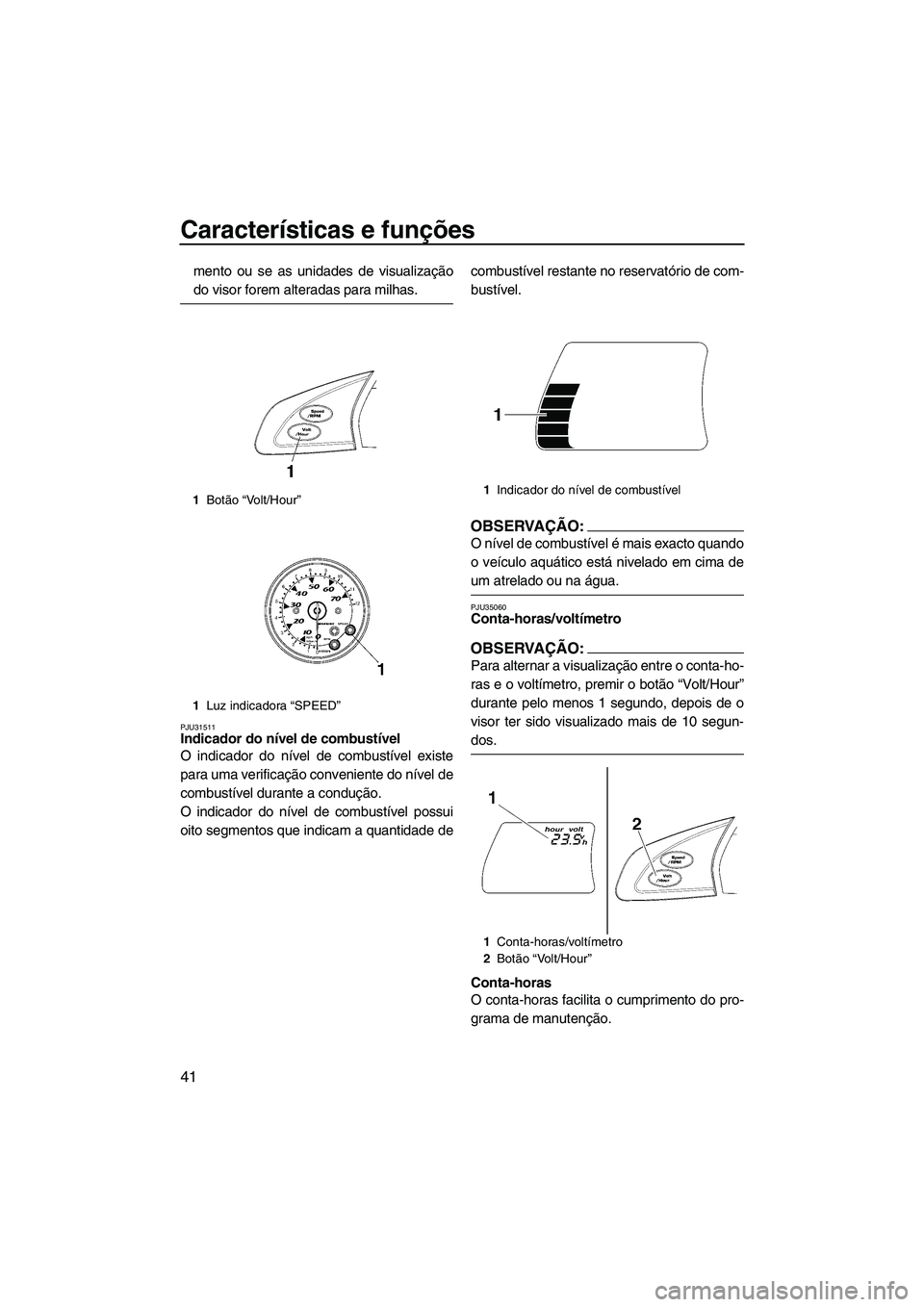 YAMAHA FX HO 2007  Manual de utilização (in Portuguese) Características e funções
41
mento ou se as unidades de visualização
do visor forem alteradas para milhas.
PJU31511Indicador do nível de combustível 
O indicador do nível de combustível exist