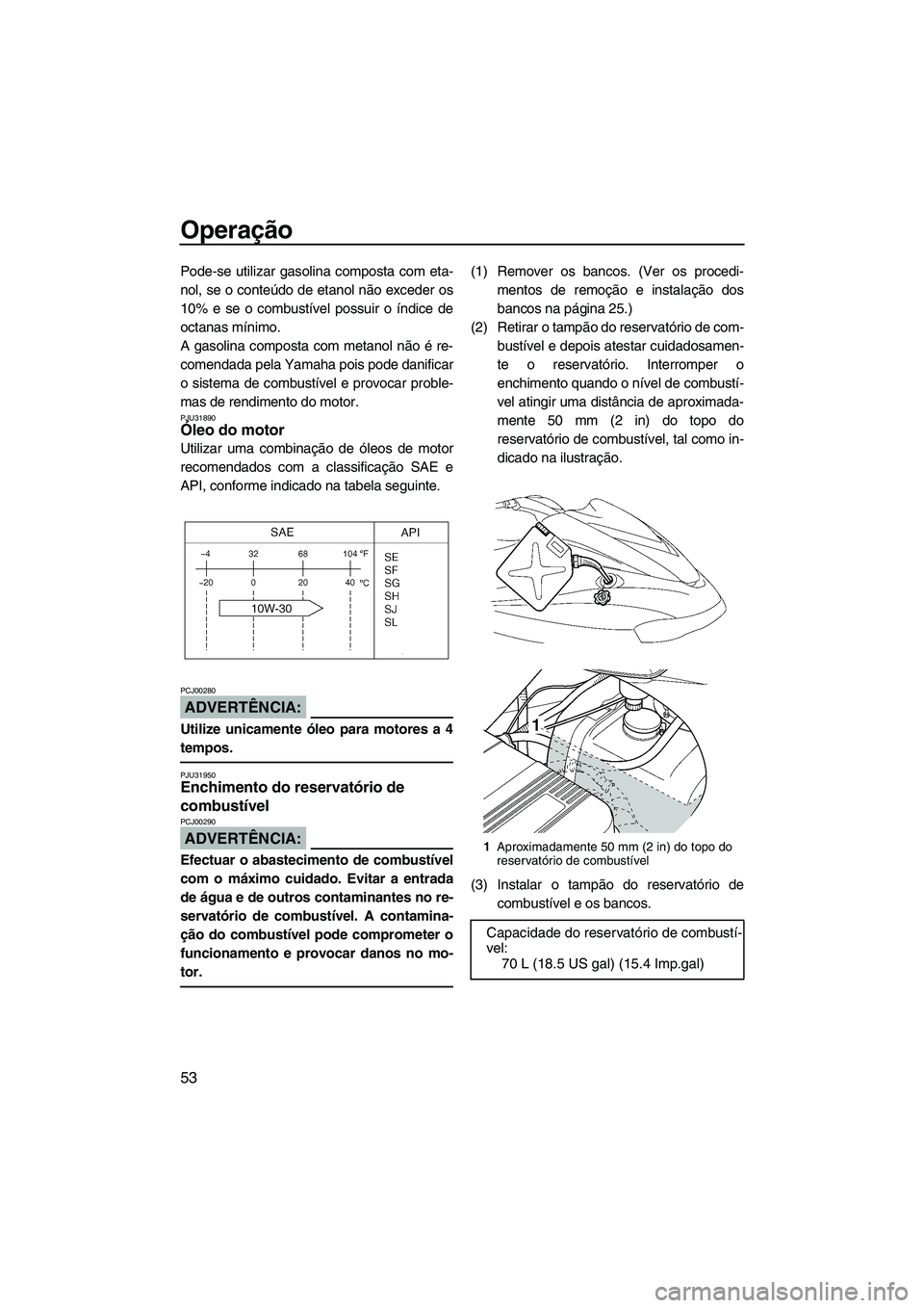 YAMAHA FX HO CRUISER 2007  Manual de utilização (in Portuguese) Operação
53
Pode-se utilizar gasolina composta com eta-
nol, se o conteúdo de etanol não exceder os
10% e se o combustível possuir o índice de
octanas mínimo.
A gasolina composta com metanol n