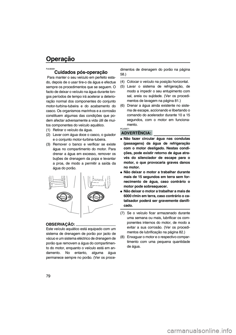YAMAHA FX HO CRUISER 2007 Manual de utilização (in Portuguese) Operação
79
PJU36361
Cuidados pós-operação
Para manter o seu veículo em perfeito esta-
do, depois de o usar tire-o da água e efectue
sempre os procedimentos que se seguem. O
facto de deixar o YAMAHA FX HO CRUISER 2007 Manual de utilização (in Portuguese) Operação
79
PJU36361
Cuidados pós-operação
Para manter o seu veículo em perfeito esta-
do, depois de o usar tire-o da água e efectue
sempre os procedimentos que se seguem. O
facto de deixar o