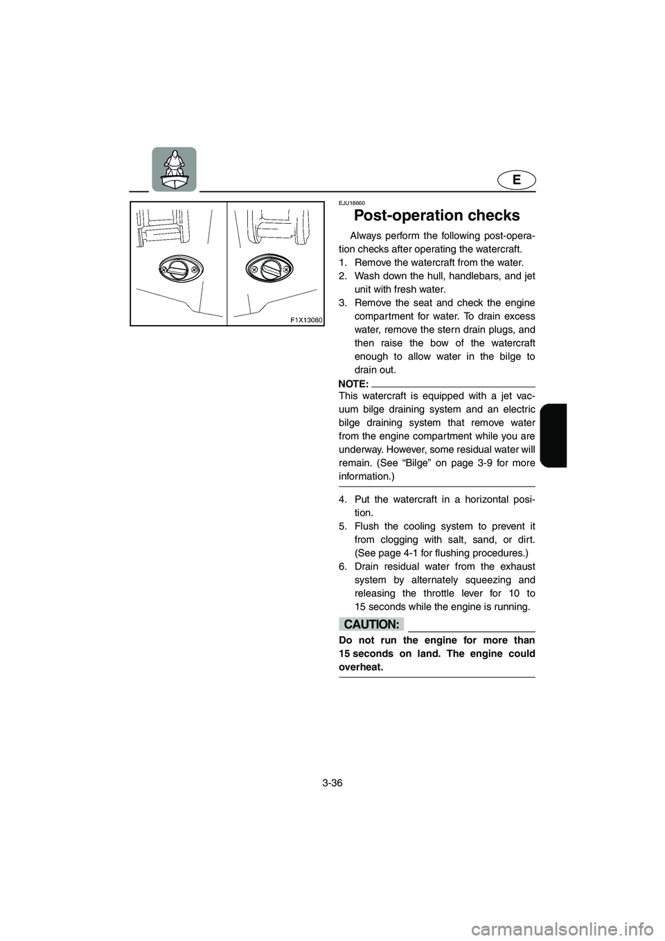 YAMAHA FX HO 2006  Owners Manual 3-36
E
EJU18660 
Post-operation checks 
Always perform the following post-opera-
tion checks after operating the watercraft. 
1. Remove the watercraft from the water. 
2. Wash down the hull, handlebar