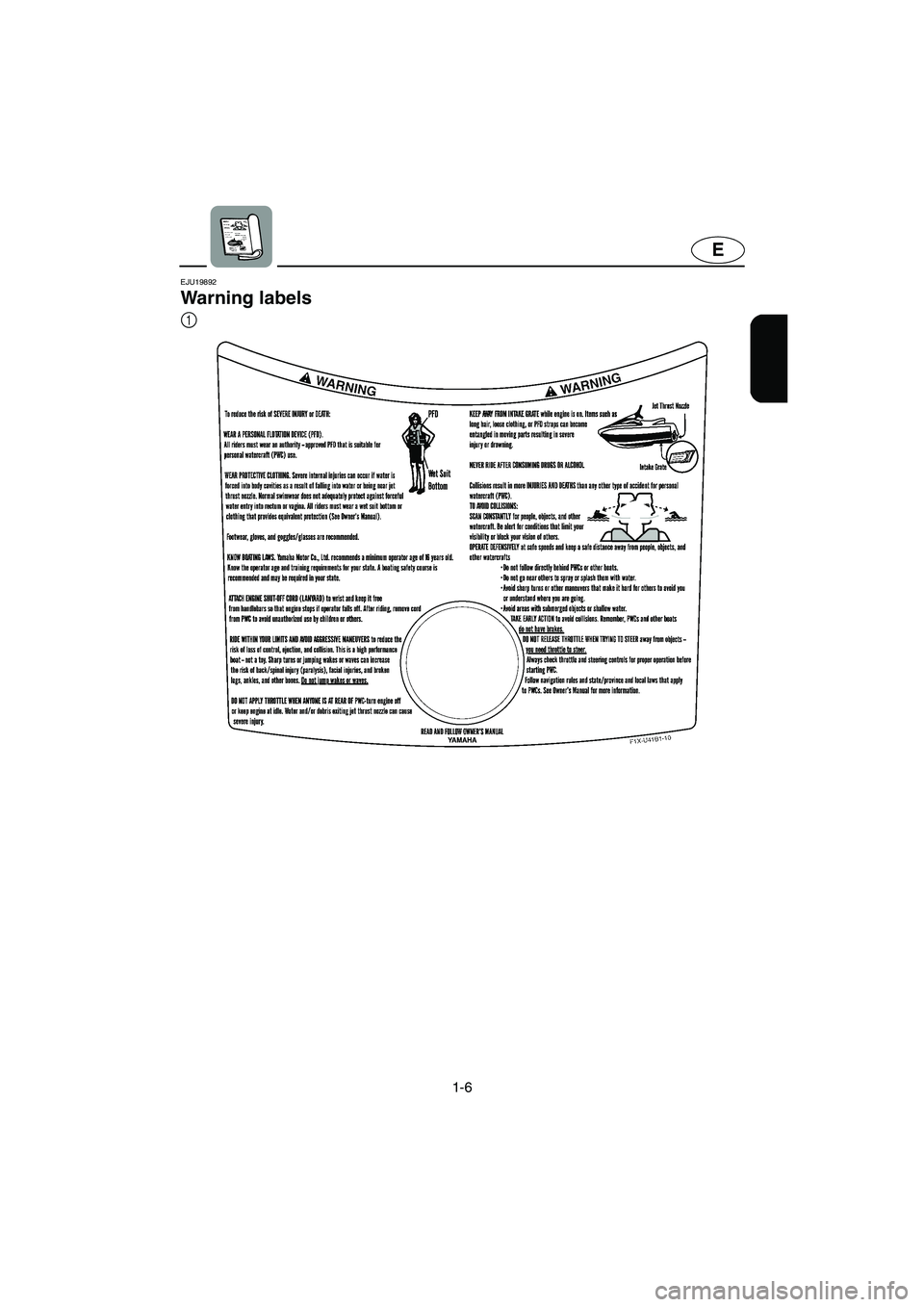 YAMAHA FX HO 2006 User Guide 1-6
E
EJU19892
Warning labels 
1
E_F1X-70-1.fm  Page 6  Monday, August 29, 2005  1:35 PM 
