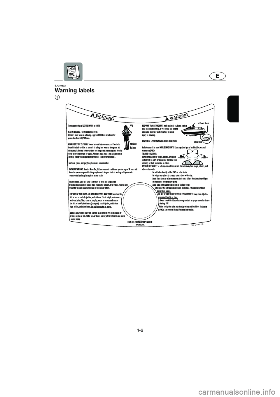 YAMAHA FX HO 2006  Owners Manual 1-6
E
EJU19892
Warning labels 
1
E_F1X-70-1.fm  Page 6  Monday, August 29, 2005  1:35 PM 