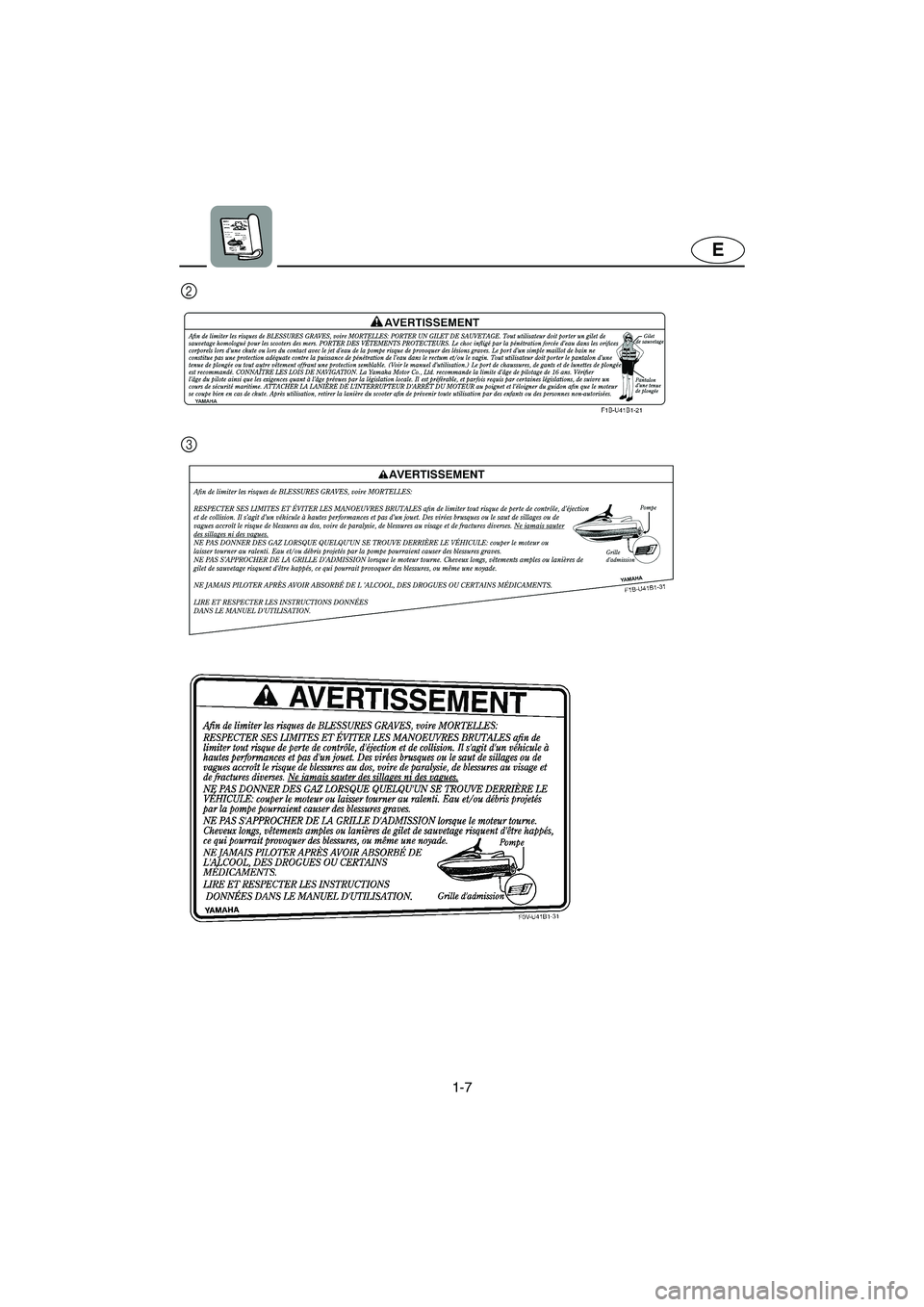 YAMAHA FX HO 2006 User Guide 1-7
E
3 2
E_F1X-70.book  Page 7  Friday, August 26, 2005  11:00 AM 