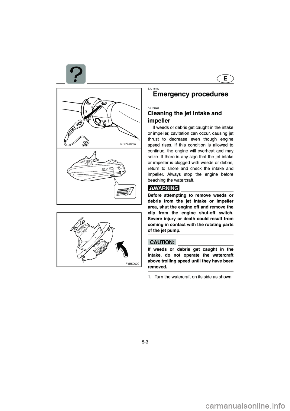 YAMAHA FX HO 2006  Owners Manual 5-3
E
EJU11180 
Emergency procedures  
EJU21602 
Cleaning the jet intake and 
impeller 
If weeds or debris get caught in the intake
or impeller, cavitation can occur, causing jet
thrust to decrease ev